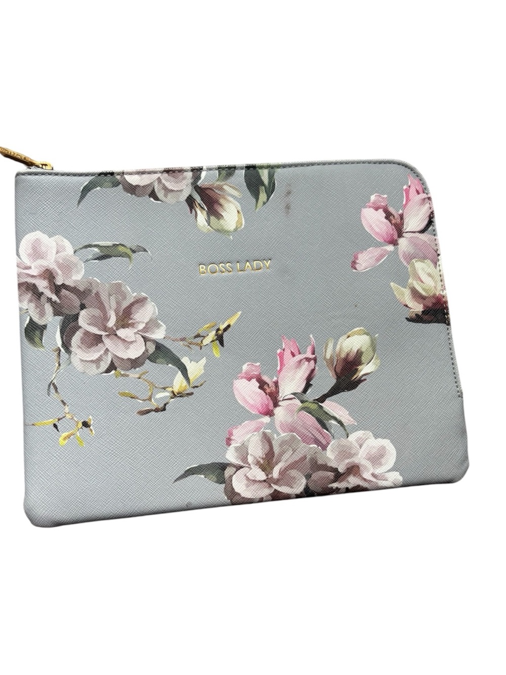 Love & Lore Floral Zip Clutch Pouch Grey Pink “Boss Lady” Cosmetic Organizer